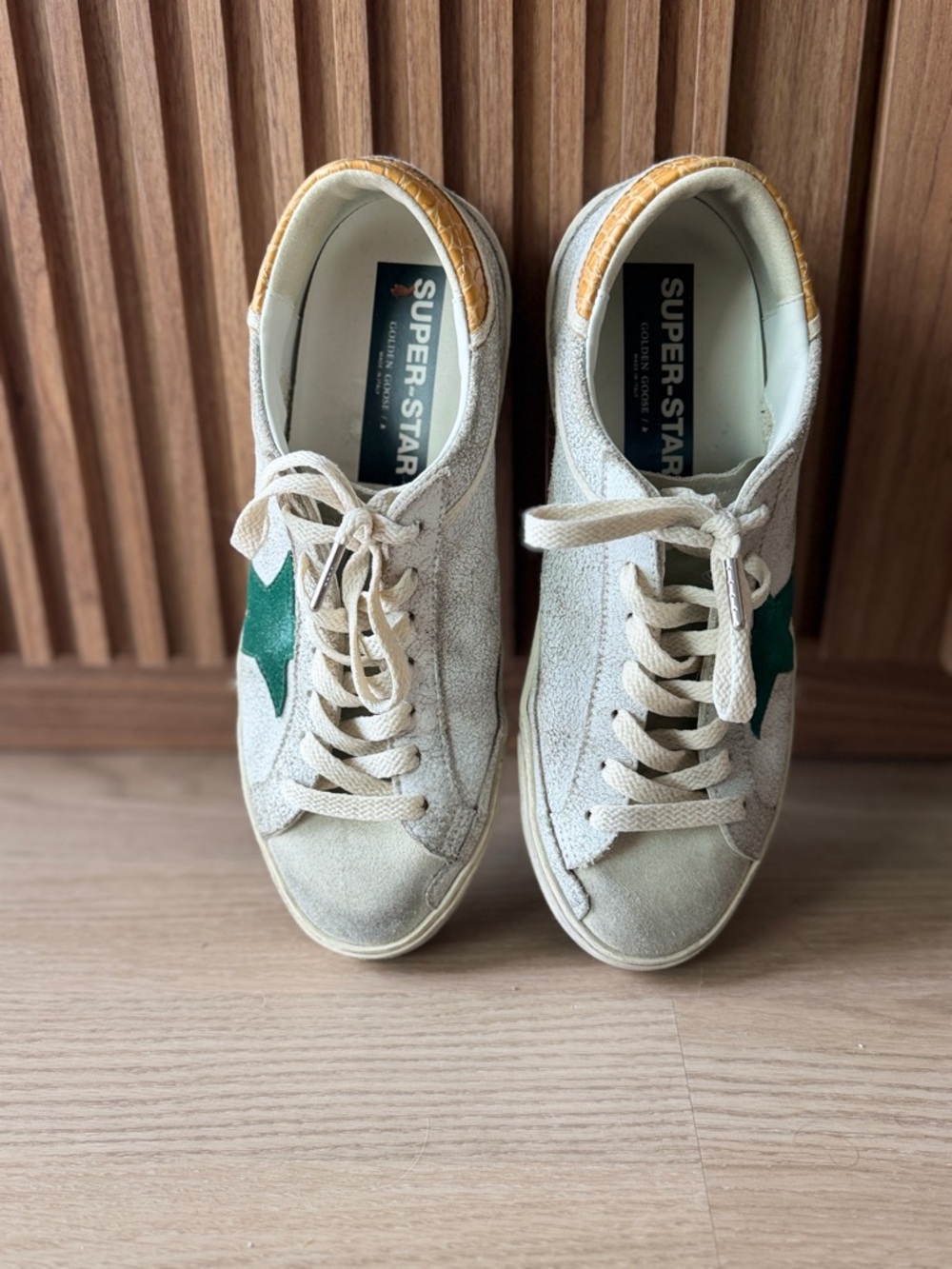 Golden Goose Super-Star Cream Sneakers with Green Star and Tan Heel - Picture 7 of 7